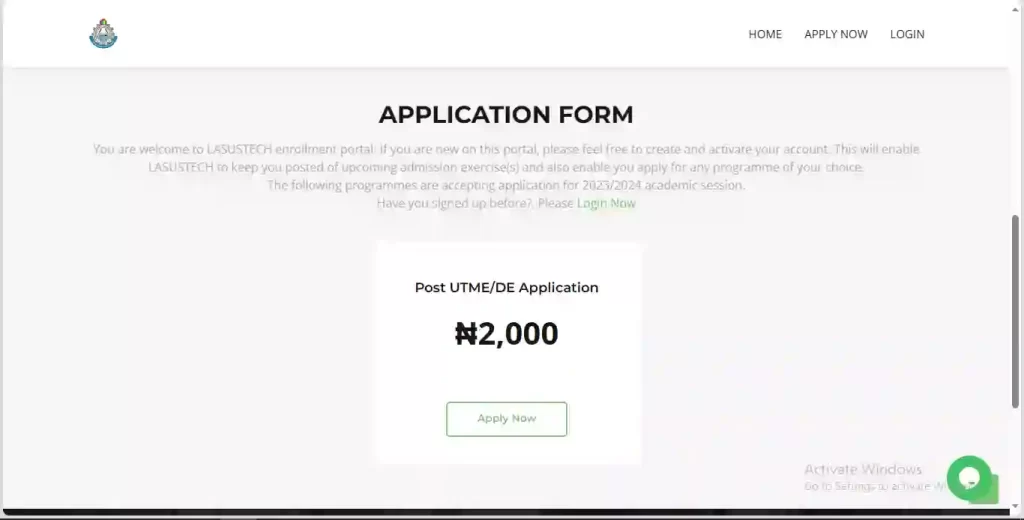 Lasustech admission screening payment page