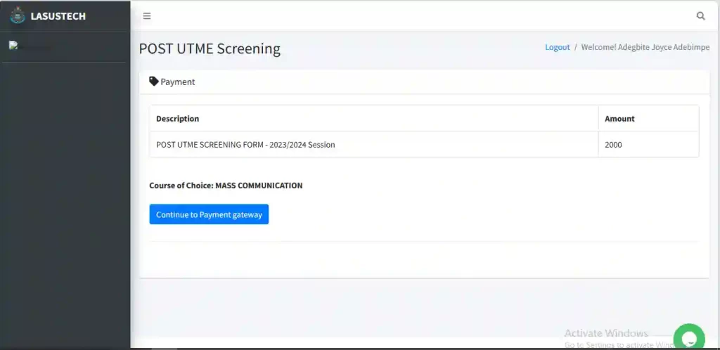Continue to payment gateway on LASUSTECH Admission Screening portal