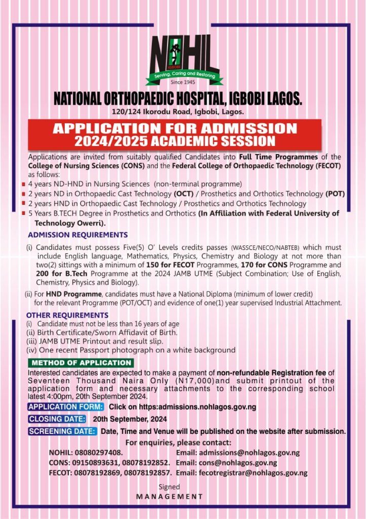 National Orthopaedic Hospital Igbobi Lagos Admission Application Form 2024/2025