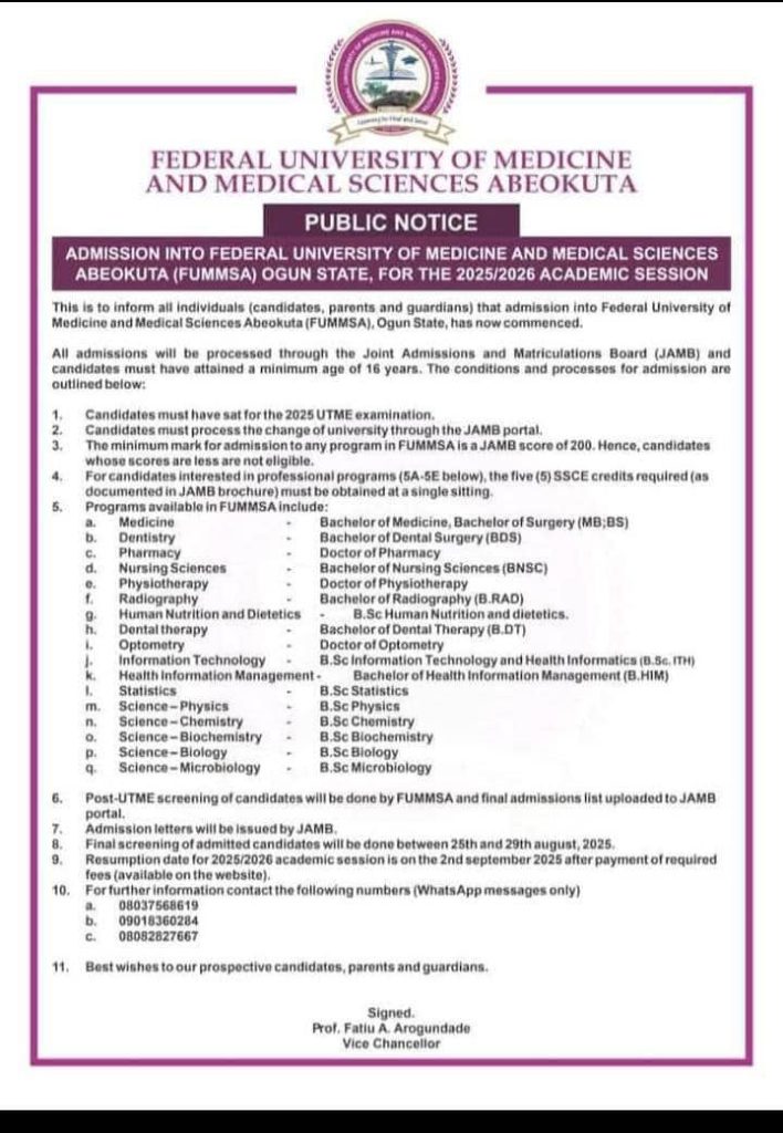 FUMMSA Admission 2025